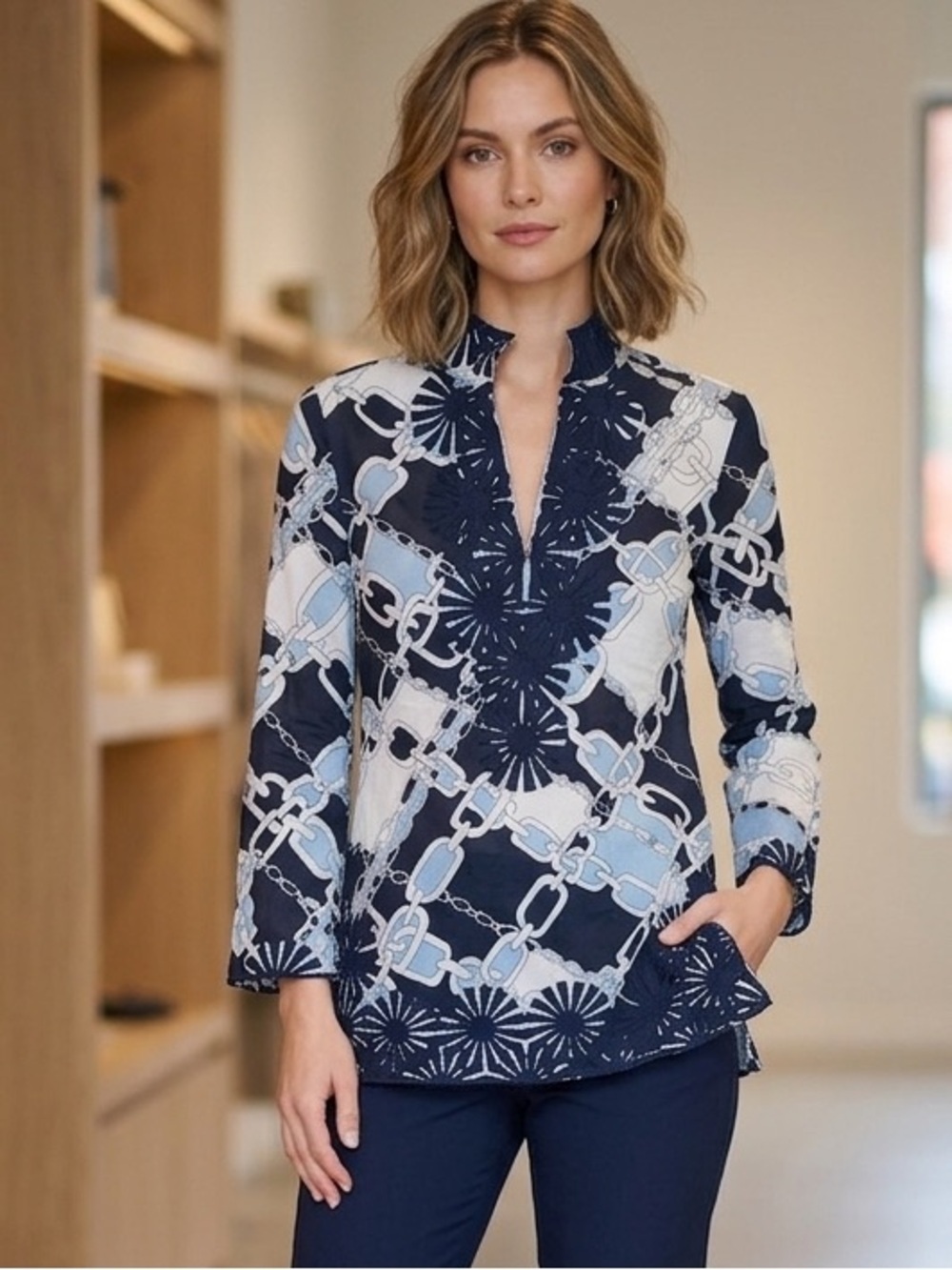 TORY BURCH Embroidered Chain-Print Split-Neck Tunic Top (121)